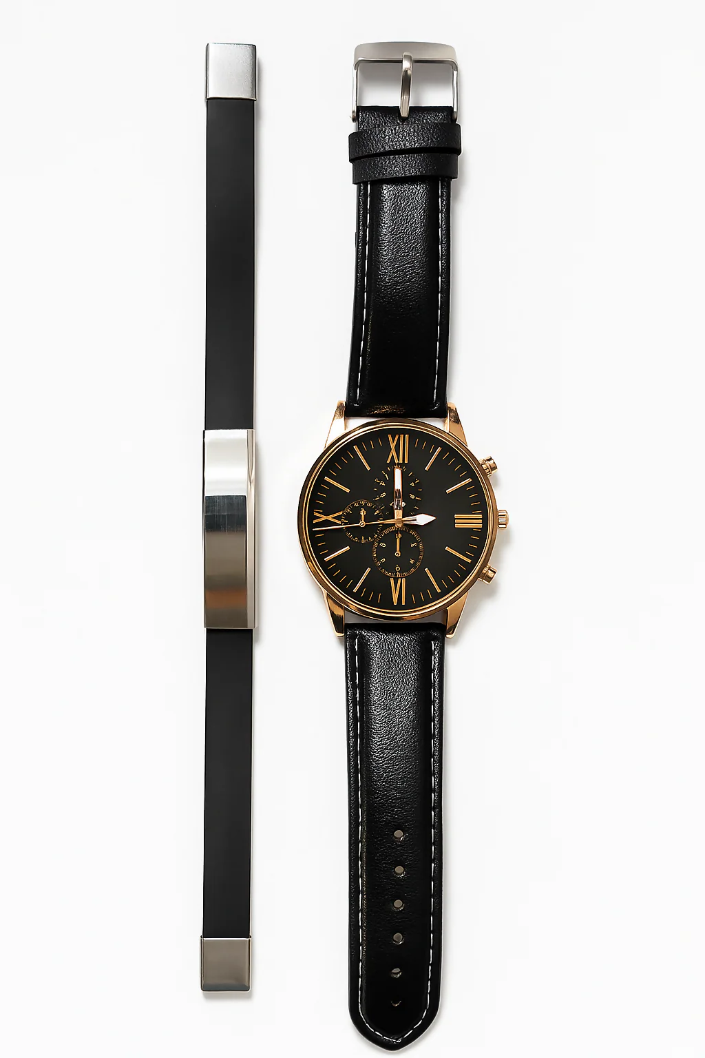 Luxury Men's Gift Set with Black Dial Chronograph Analog Watch and Matching Bracelet – Elegant Rose Gold Detailing with Leather Strap