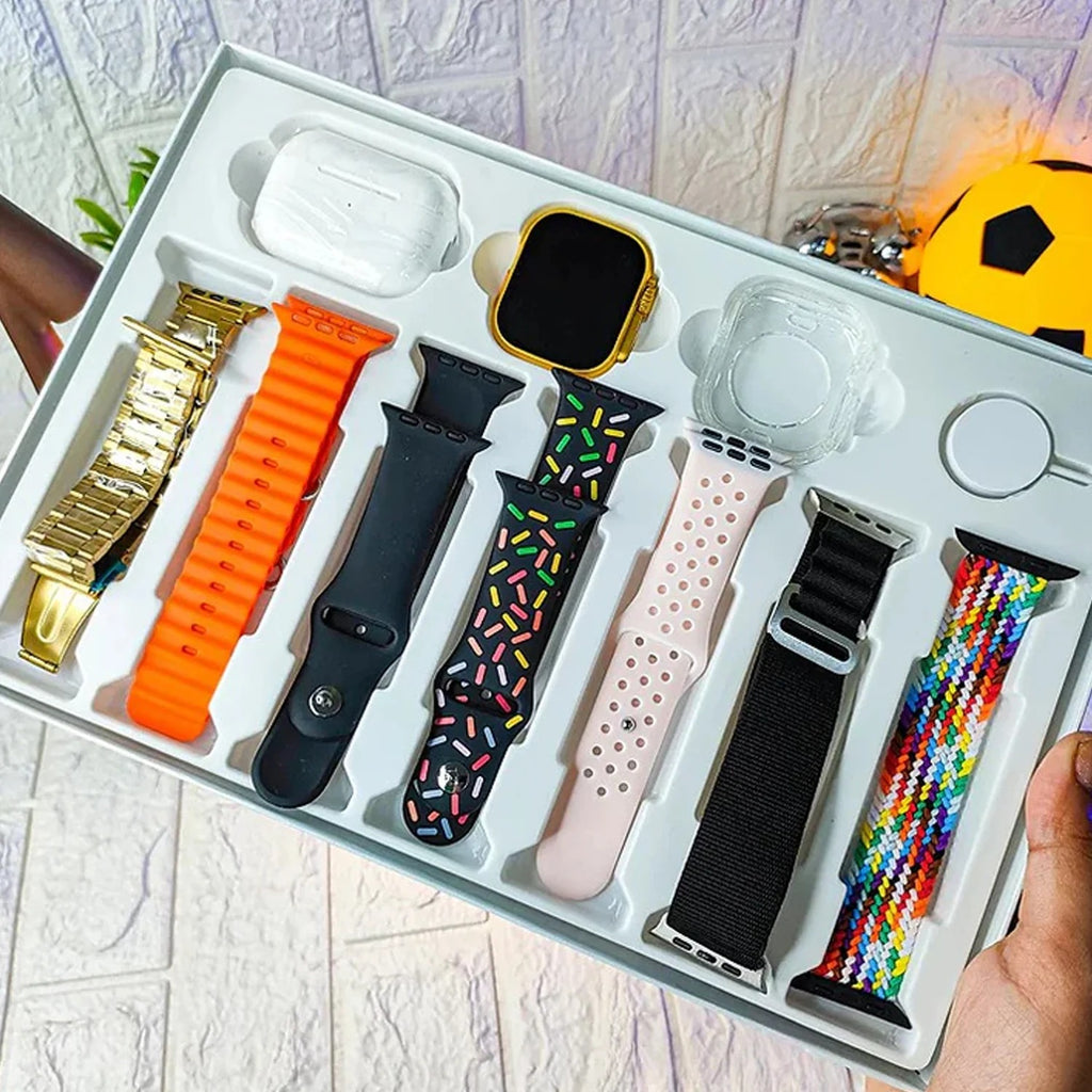 10 in 1 Set Ultra 2 Smart Bluetooth Calling Smart watch + Earphones with Transparent Screen Guard Watch with Seven Classic Straps (Mix Color)