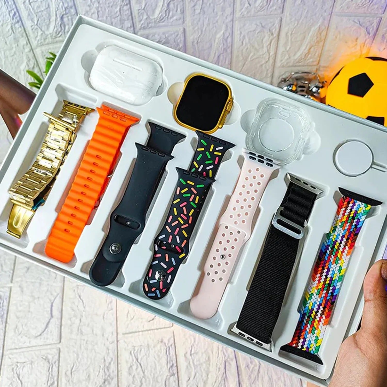 10 in 1 Set Ultra 2 Smart Bluetooth Calling Smart watch + Earphones with Transparent Screen Guard Watch with Seven Classic Straps (Mix Color)