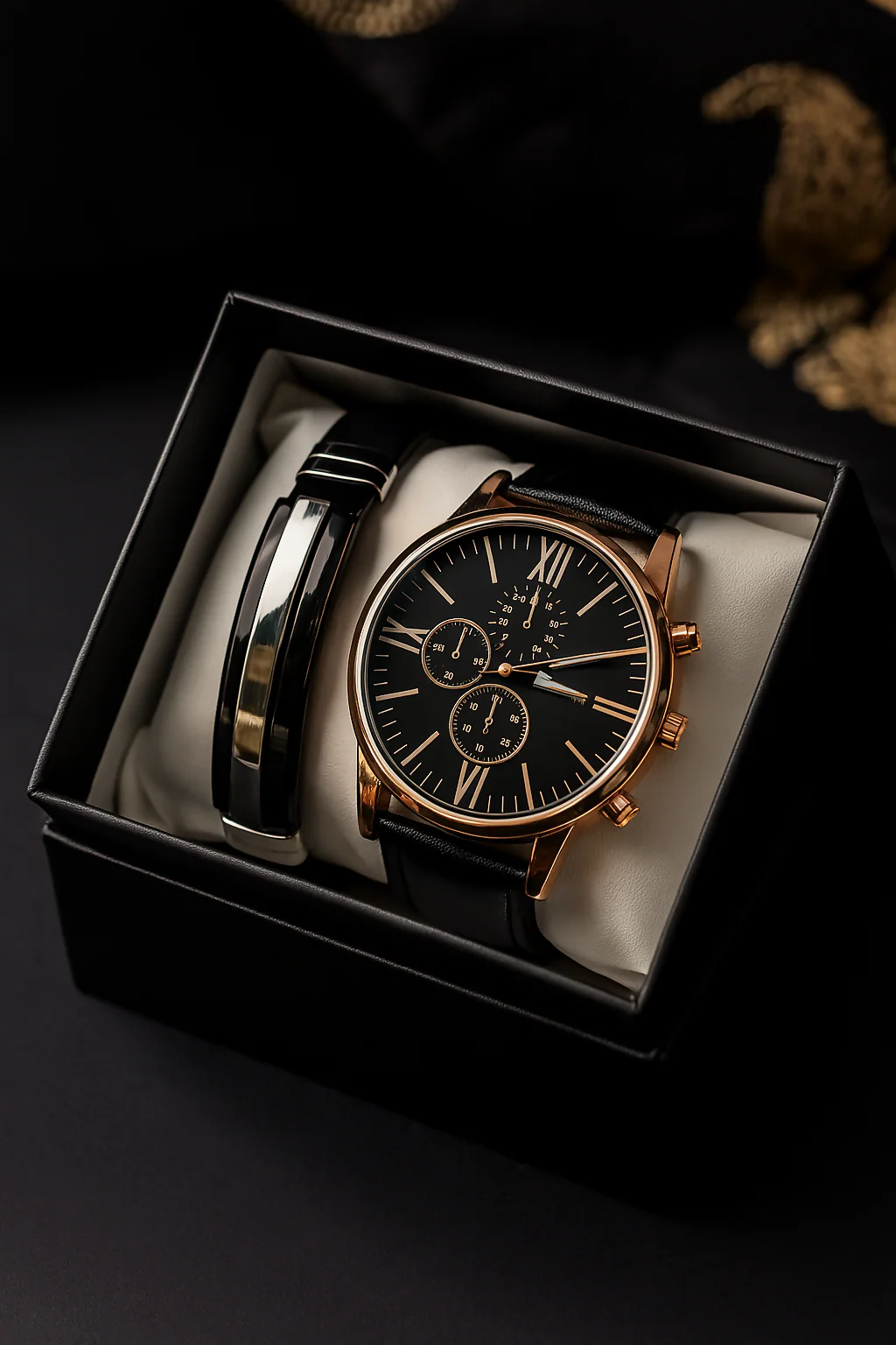 Luxury Men's Gift Set with Black Dial Chronograph Analog Watch and Matching Bracelet – Elegant Rose Gold Detailing with Leather Strap